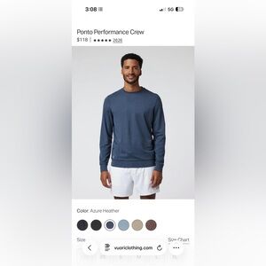 Vuori Ponto Performance Crew Long Sleeve Azure Heather Men's XL